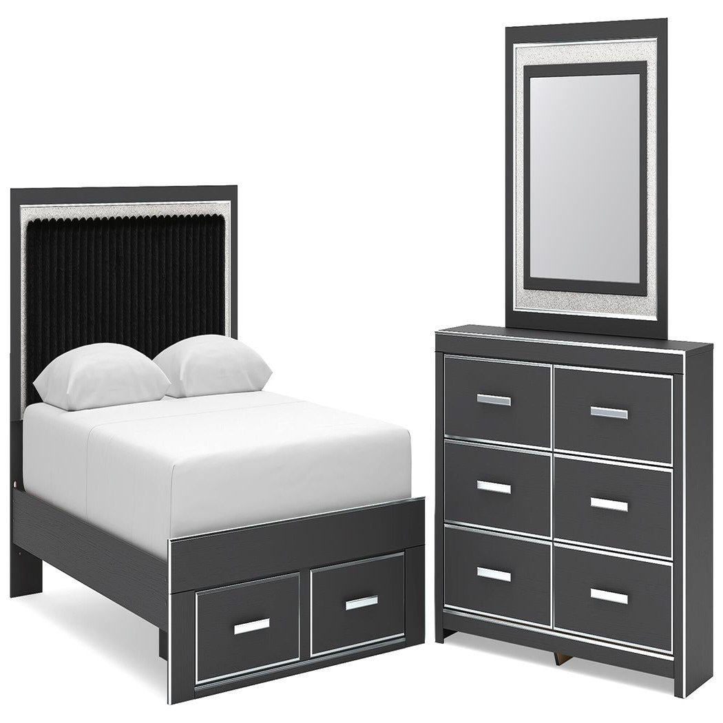 Zuraleus Queen Upholstered Panel Platform Storage Bed, Dresser and Mirror (PCB3380-SI)