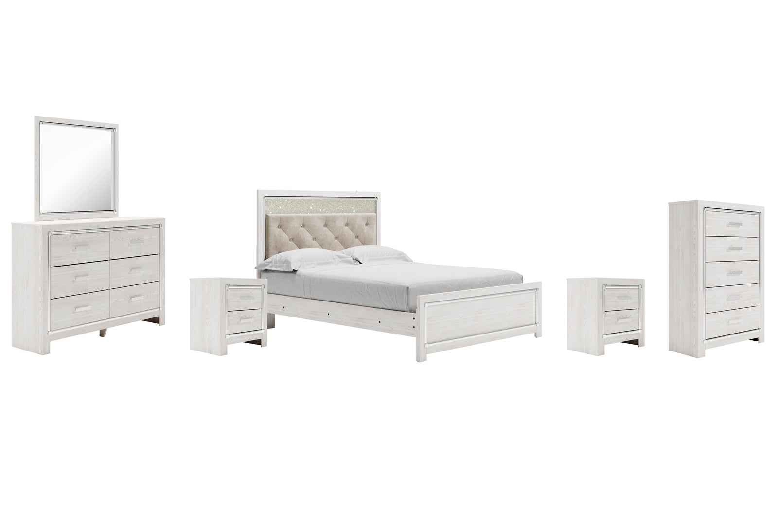 Altyra Upholstered Panel Bed, Dresser, Mirror, Chest and 2 Nightstands - White  (B2640-SI)
