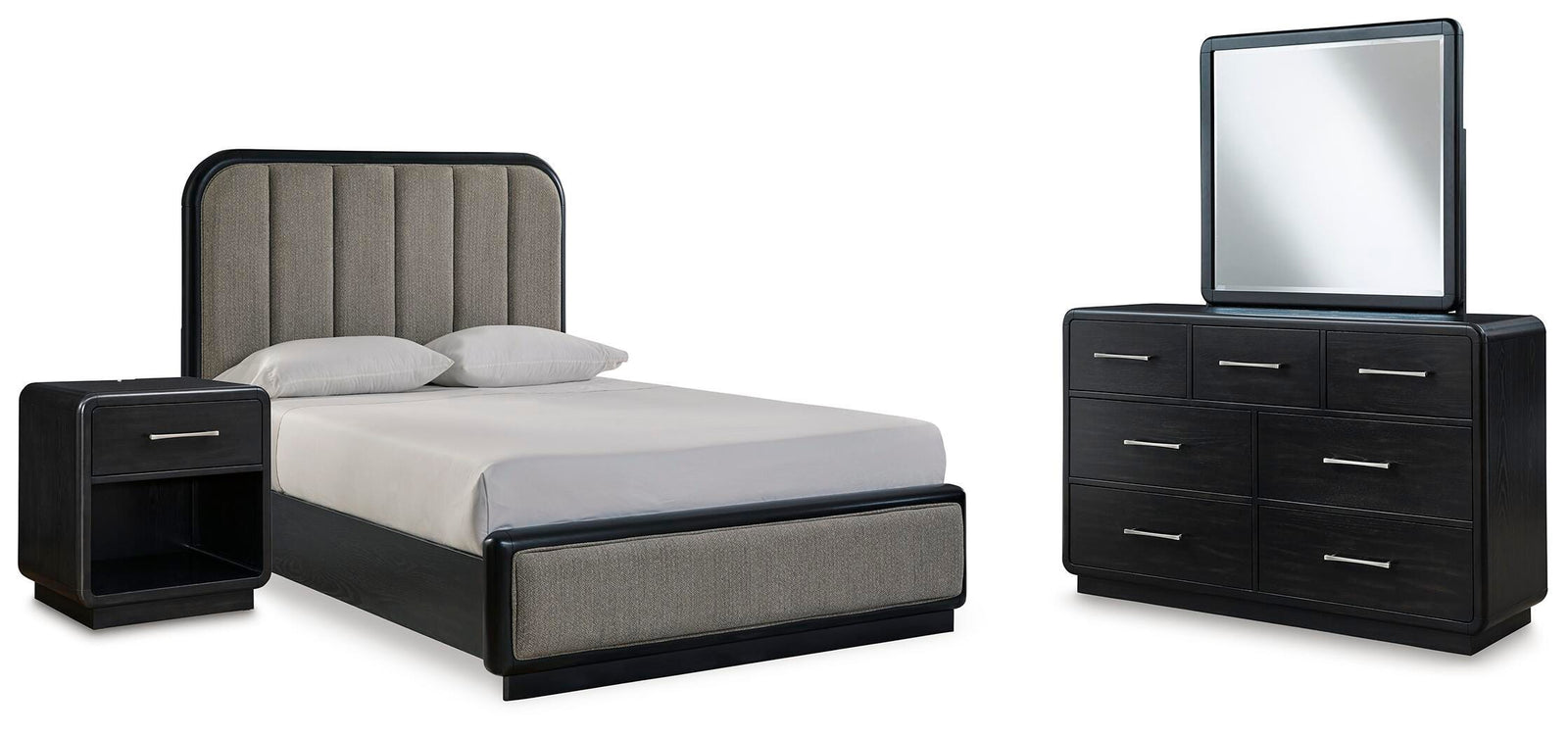 Rowanbeck Upholstered Panel Bed, Dresser, Mirror and Nightstand (B821-SI)