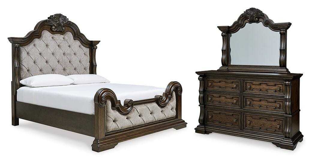 Maylee Upholstered Bed, Dresser and Mirror - Dark Brown  (B947-SI)