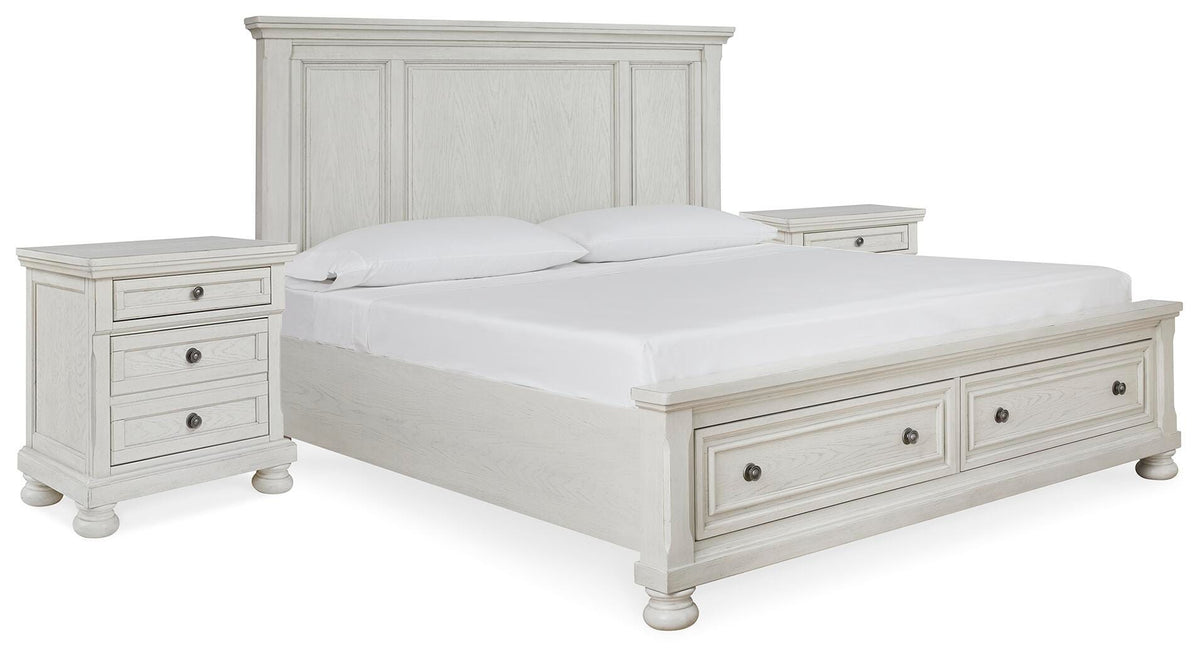 Robbinsdale Storage Bed and 2 Nightstands - Antique White  (B742-SI)