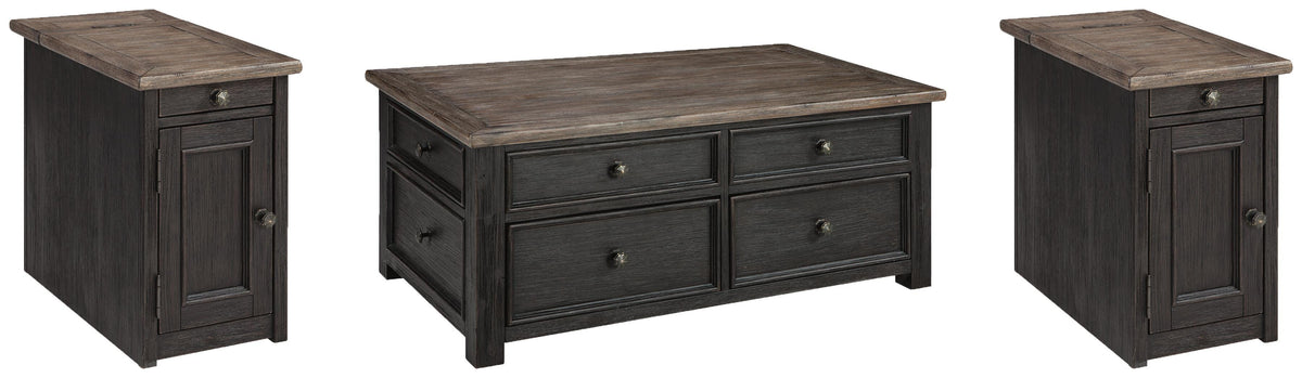 Tyler Creek Coffee Table and 2 Chairside End Tables - Grayish Brown/Black  (T736-SI)