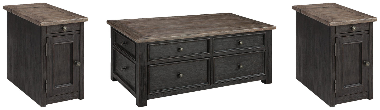Tyler Creek Coffee Table and 2 Chairside End Tables - Grayish Brown/Black  (T736-SI)