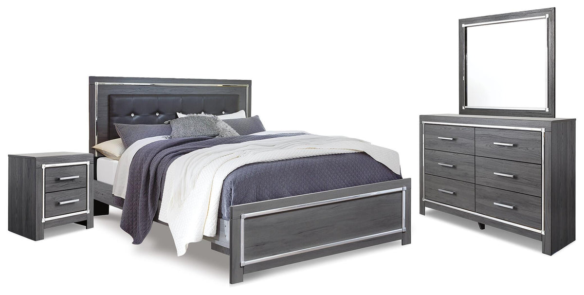 Lodanna Upholstered Panel Bed, Dresser, Mirror and Nightstand - Gray  (B214-SI)