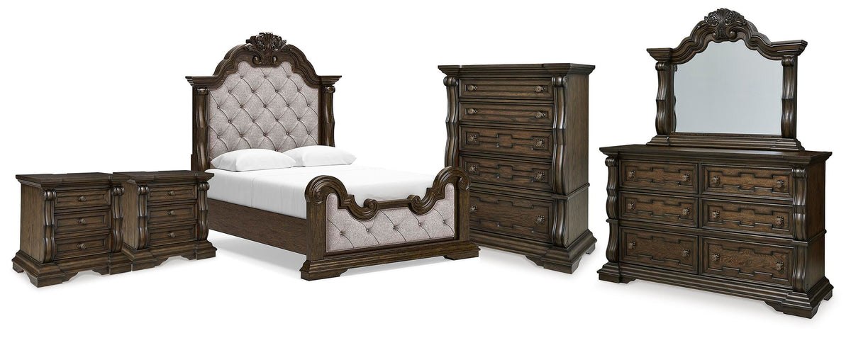 Maylee Panel Bed, Dresser, Mirror, Chest and 2 Nightstands - Dark Brown  (B947-SI)