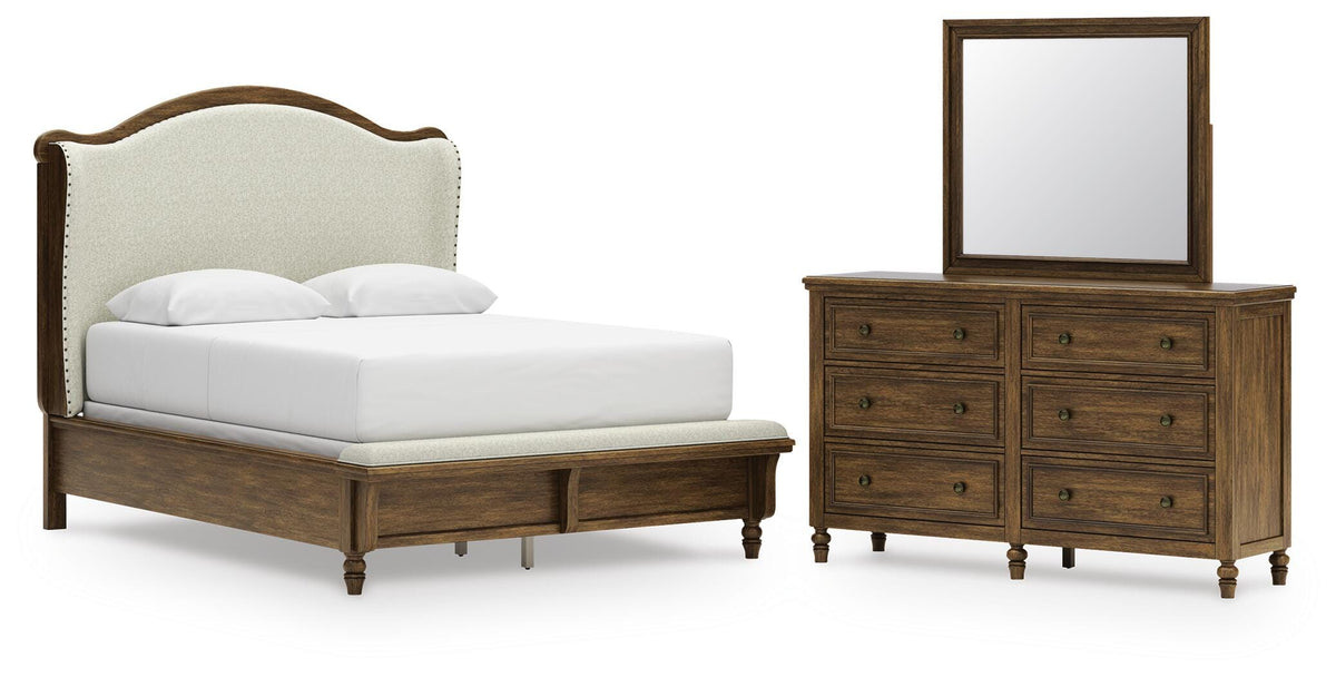 Sturlayne Upholstered Panel Bed, Dresser and Mirror - Brown  (B787-SI)