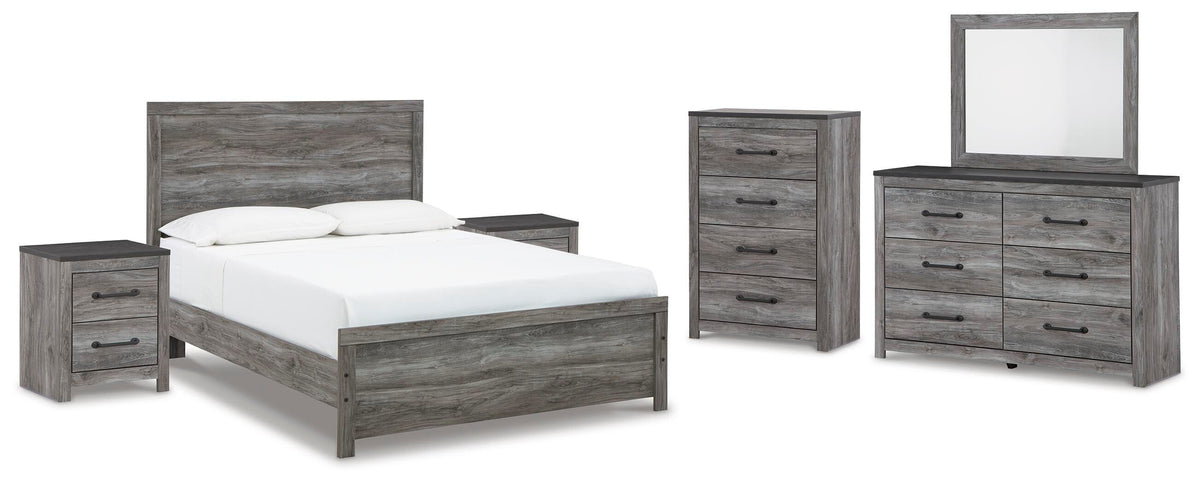 Bronyan Panel Bed, Dresser, Mirror, Chest and 2 Nightstands - Dark Gray  (B1290-SI)