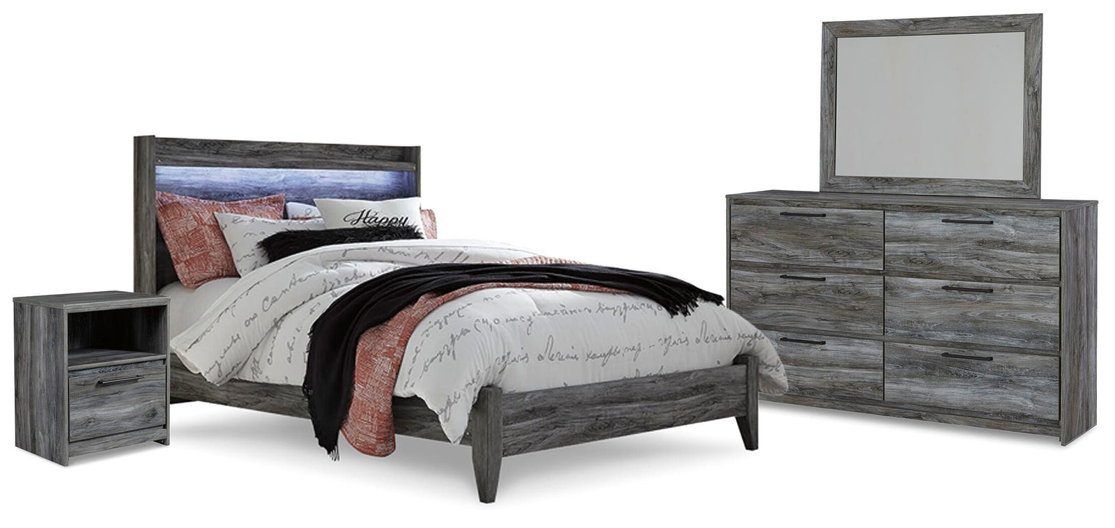 Baystorm Panel Bed, Dresser, Mirror and Nightstand - Gray  (B221-SI)