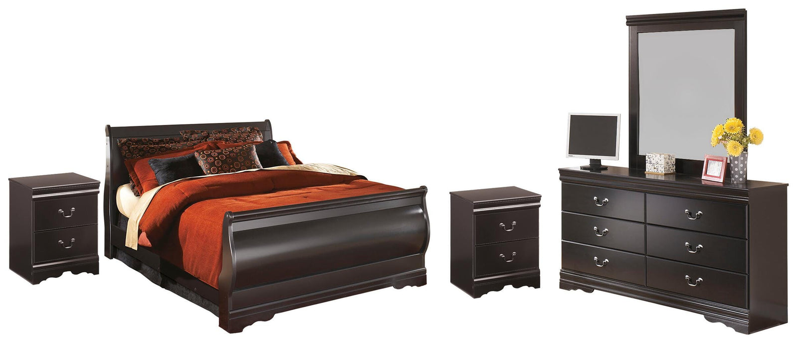 Huey Vineyard Sleigh Bed with Mirrored Dresser and 2 Nightstands - Black  (B128-SI)