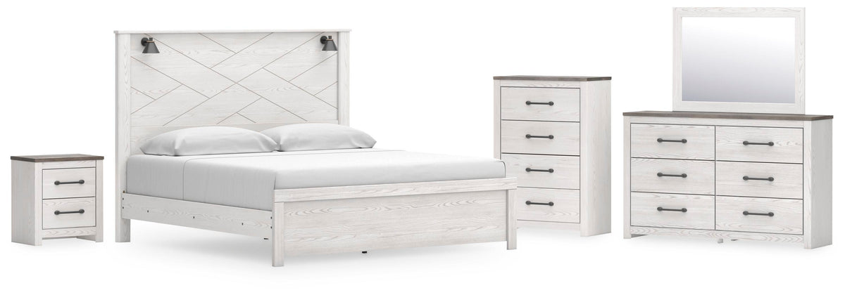 Gerridan Panel Bed, Dresser, Mirror, Chest, and Nightstand - White/Gray  (B1190-SI)