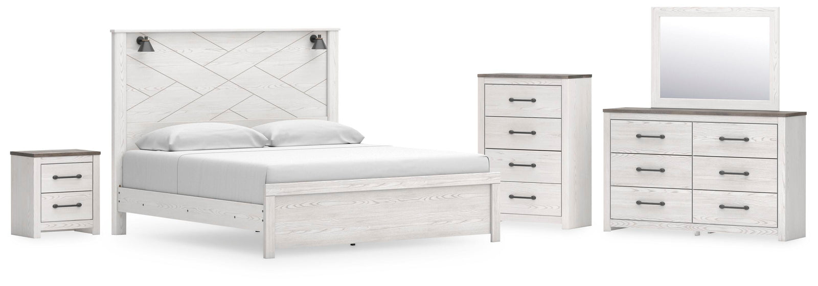 Gerridan Panel Bed, Dresser, Mirror, Chest, and Nightstand - White/Gray  (B1190-SI)