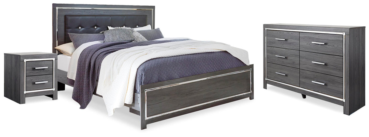 Lodanna Upholstered Panel Bed, Dresser and Nightstand - Gray  (B214-SI)