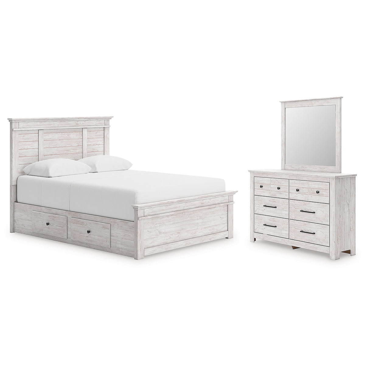 Makidern Queen Panel Bed with Storage, Dresser and Mirror (PCB1171-SI)