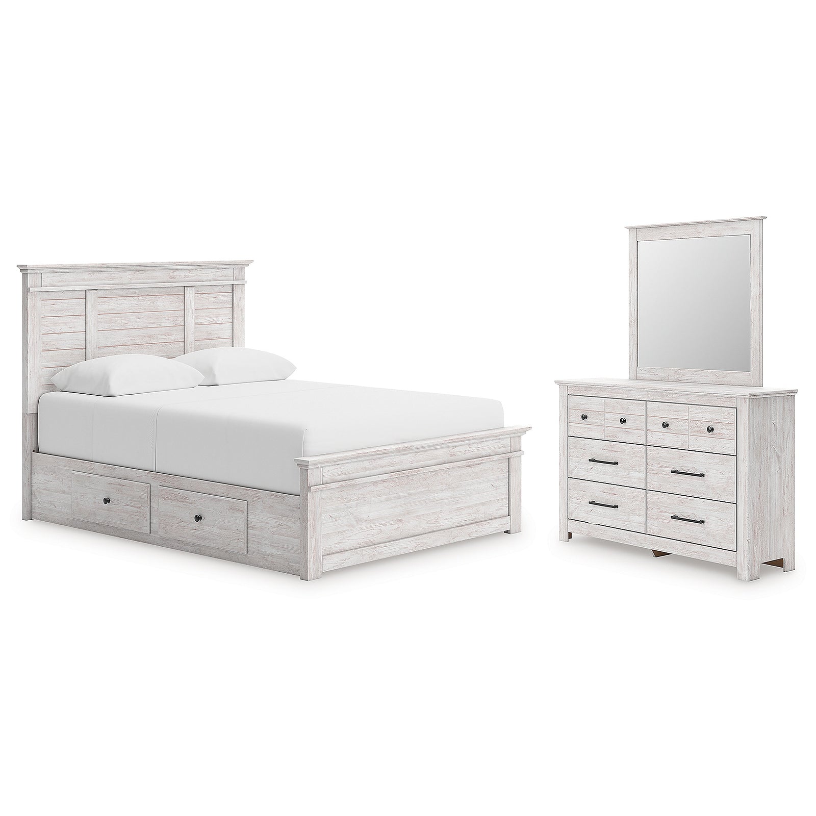 Makidern Queen Panel Bed with Storage, Dresser and Mirror (PCB1171-SI)