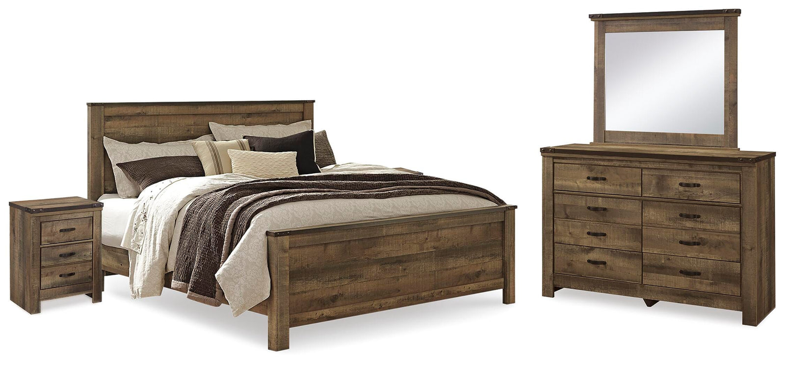 Trinell Panel Bed, Dresser, Mirror and 2 Nightstands - Brown  (B446-SI)