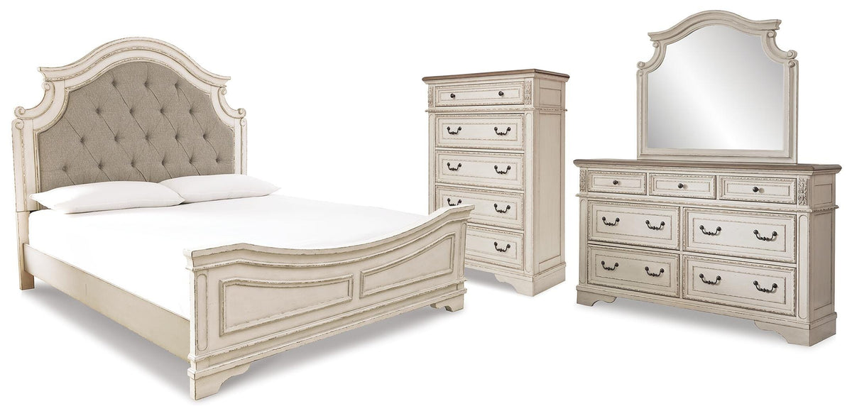 Realyn Panel Upholstered Bed, Dresser, Mirror and Chest - Chipped White  (B743-SI)