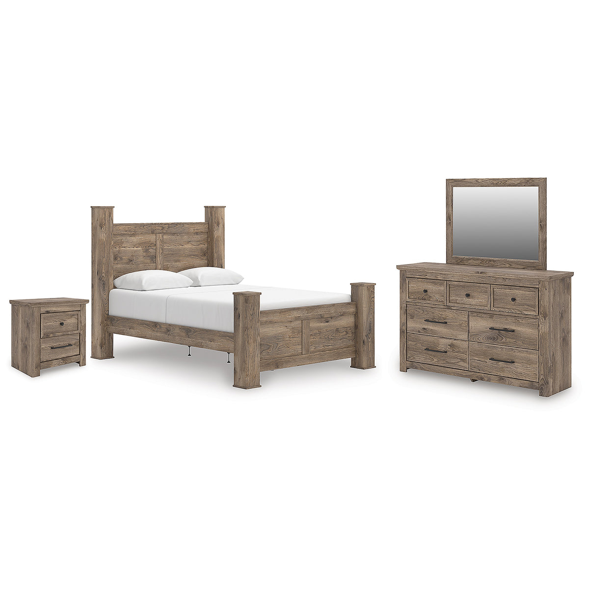 Rusticott Queen Poster Bed, Dresser, Mirror and Nightstand (PCB2260-SI)
