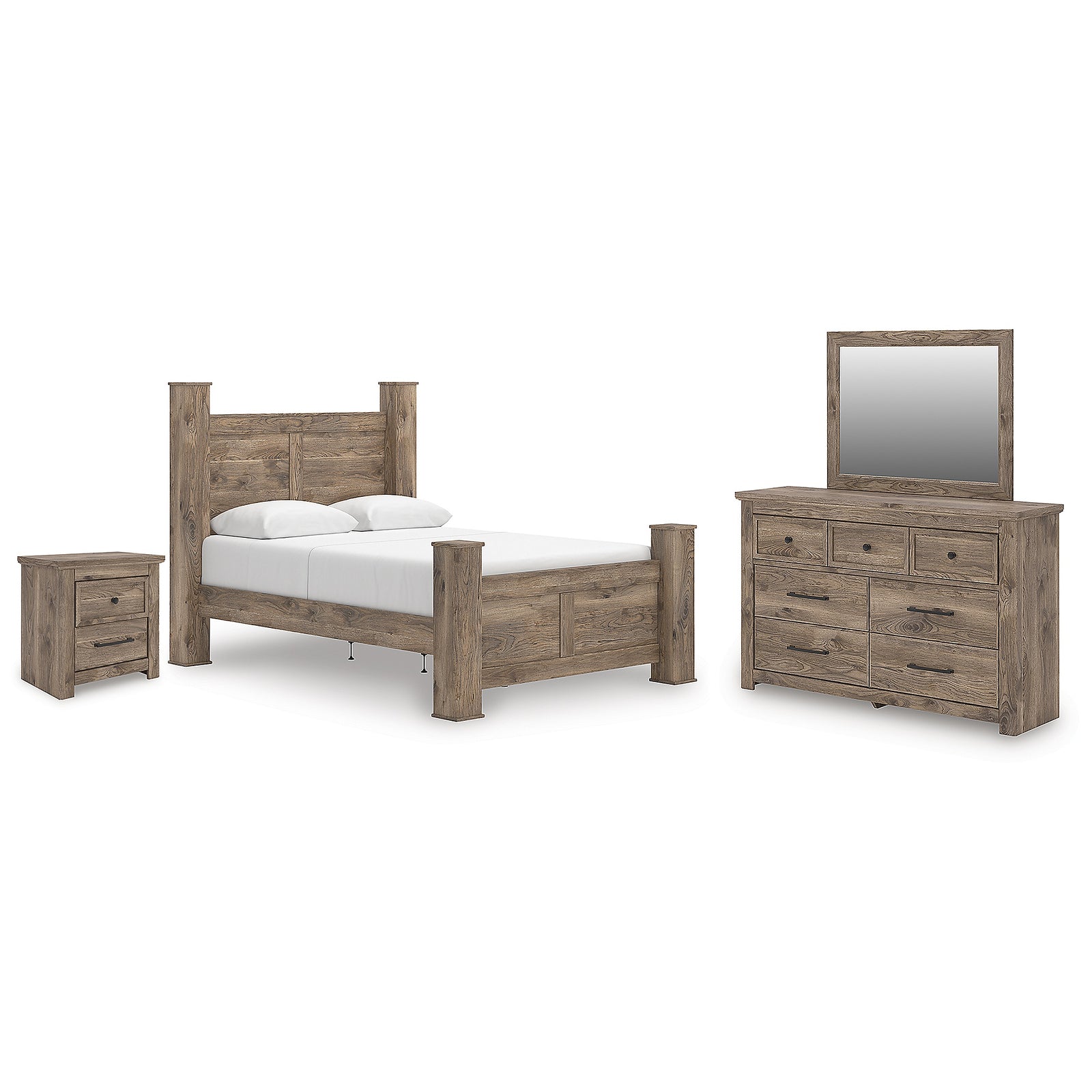 Rusticott Queen Poster Bed, Dresser, Mirror and Nightstand (PCB2260-SI)