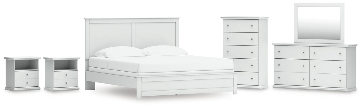 Bostwick Shoals Panel Bed, Dresser, Mirror, Chest and 2 Nightstands - White  (B139-SI)