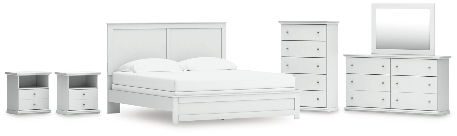 Bostwick Shoals Panel Bed, Dresser, Mirror, Chest and 2 Nightstands - White  (B139-SI)
