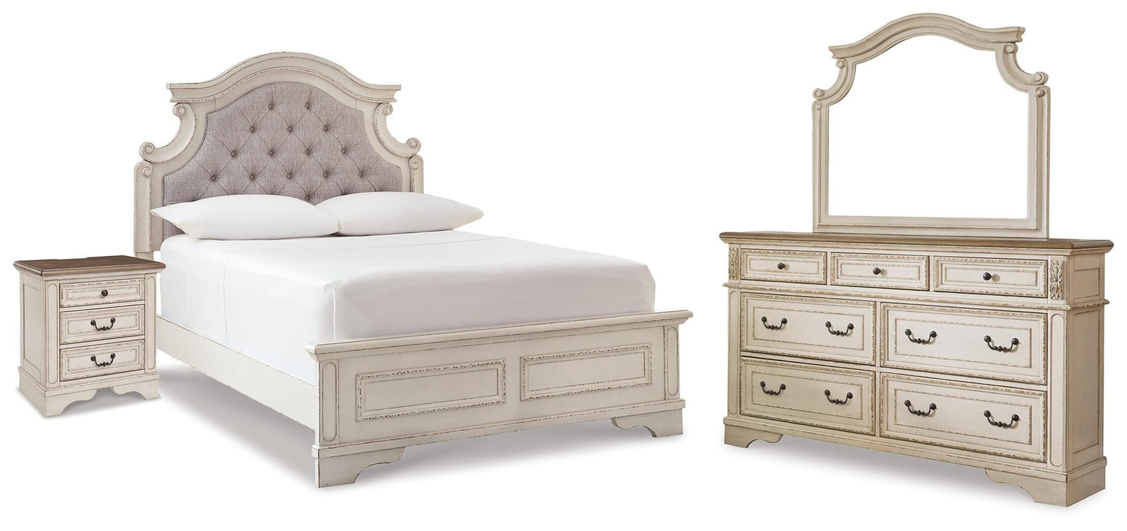 Realyn Panel Bed, Dresser, Mirror and Nightstand - Two-tone  (B743-SI)