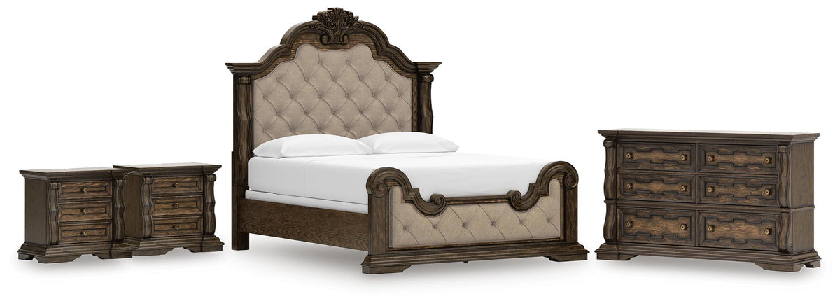 Maylee Upholstered Bed, Dresser and 2 Nightstands - Dark Brown  (B947-SI)