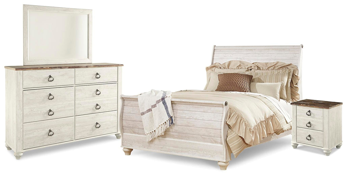 Willowton Sleigh Bed with Mirrored Dresser and Nightstand - Whitewash  (B267-SI)