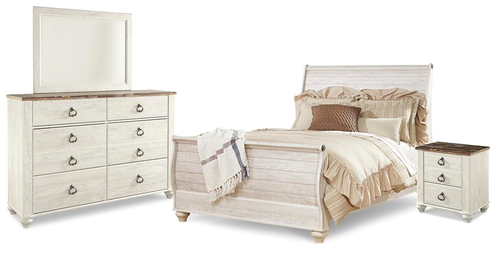 Willowton Sleigh Bed with Mirrored Dresser and Nightstand - Whitewash  (B267-SI)