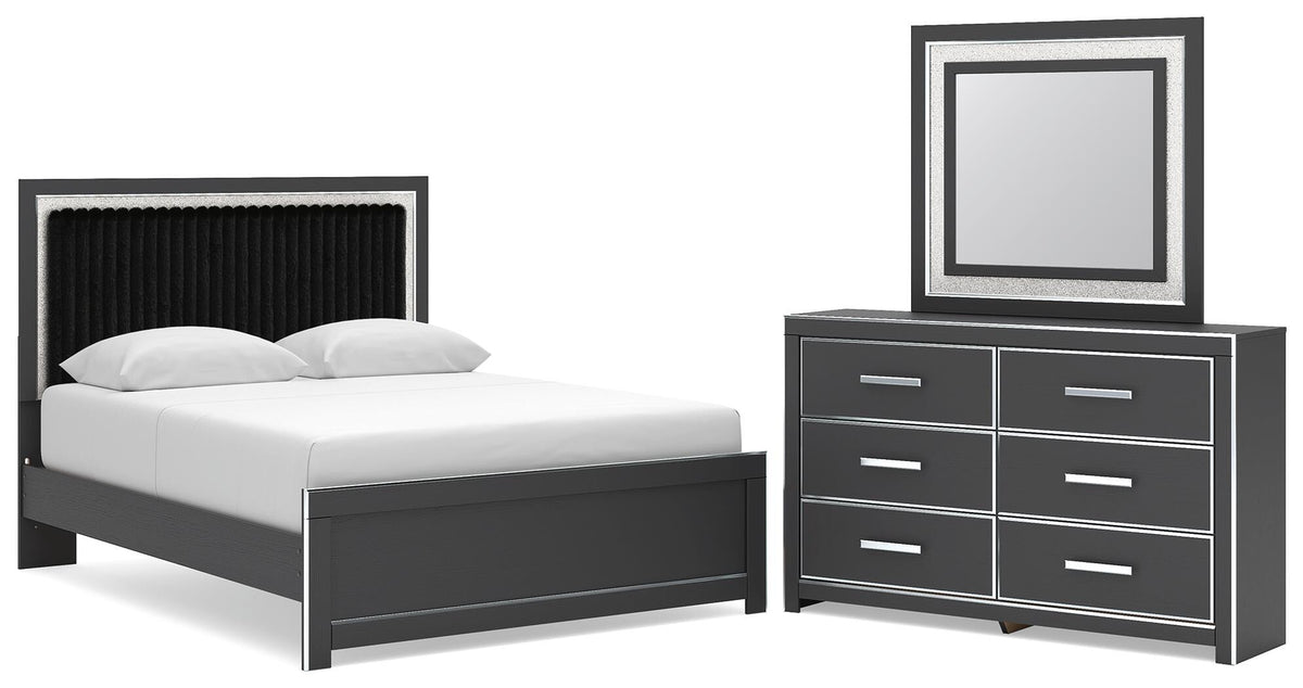 Zuraleus Queen Upholstered Panel Platform Bed, Dresser and Mirror (PCB3380-SI)