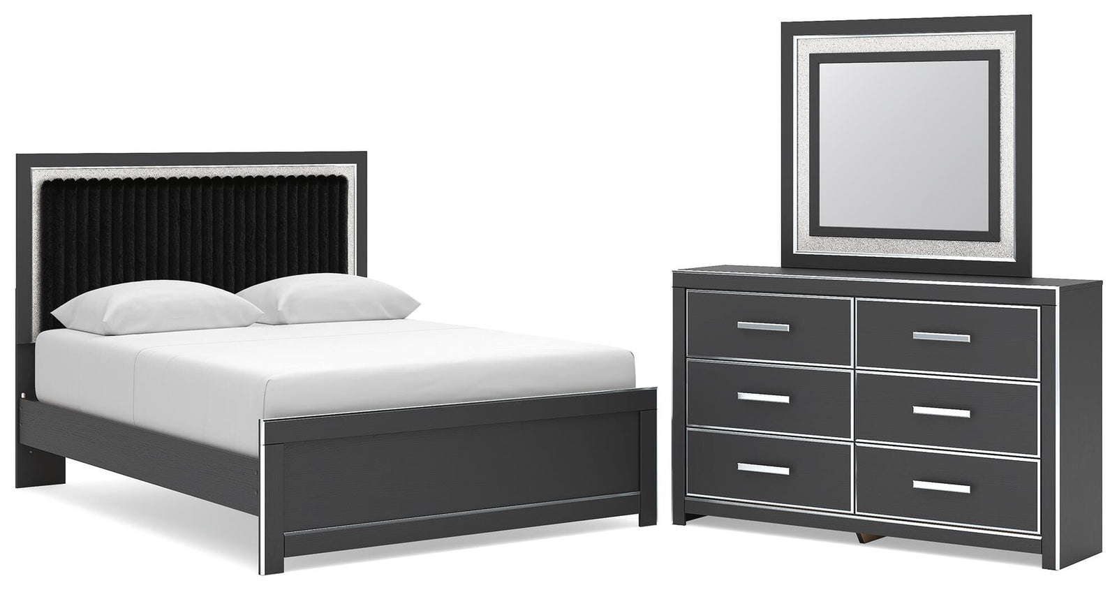 Zuraleus Queen Upholstered Panel Platform Bed, Dresser and Mirror (PCB3380-SI)