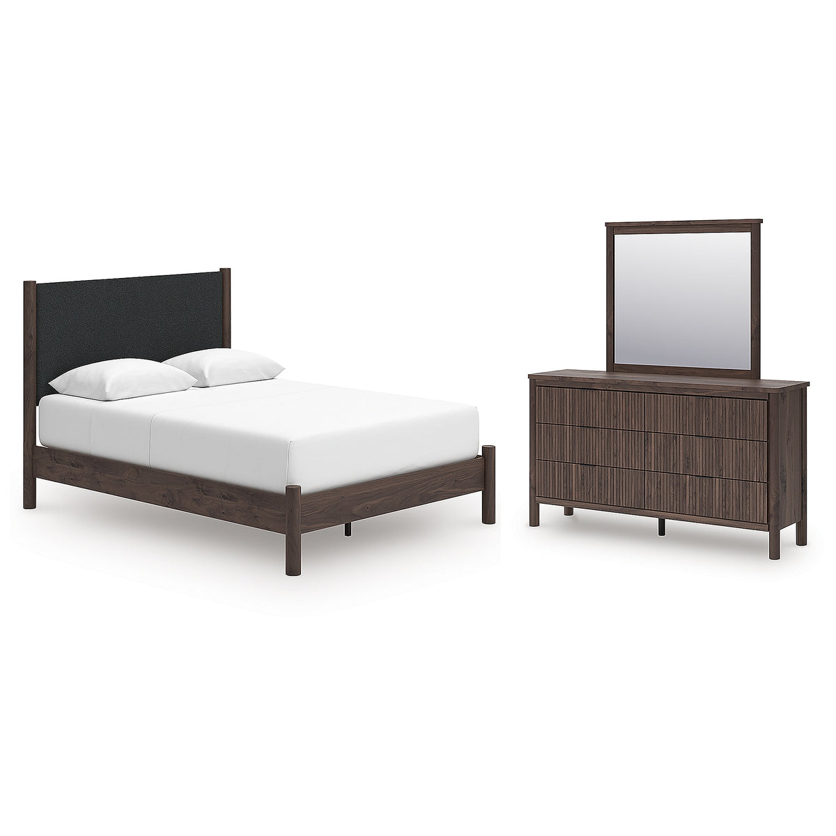 Pamytta Queen Upholstered Platform Bed, Dresser and Mirror (PCB2614-SI)