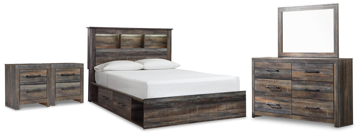 Drystan Bookcase Storage Bed, Dresser, Mirror and 2 Nightstands (B211-SI)
