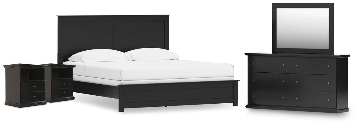 Maribel Panel Bed, Dresser, Mirror and 2 Nightstands - Black  (B138-SI)