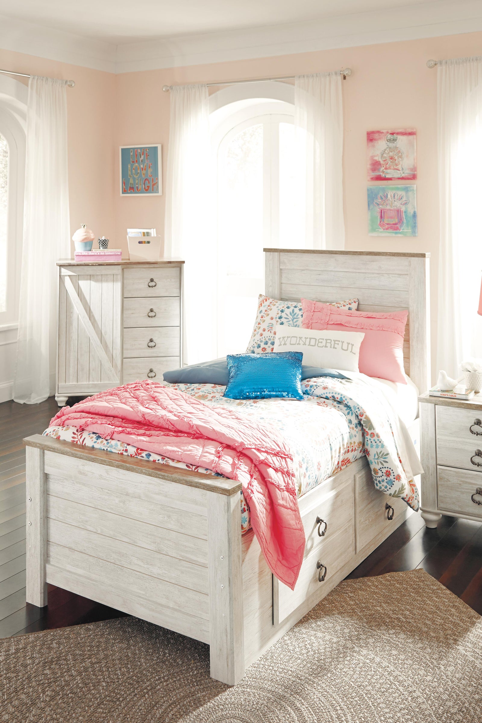 Willowton Panel Bed with 2 Storage Drawers (Youth) - Whitewash  (B267-SI) - Image 6