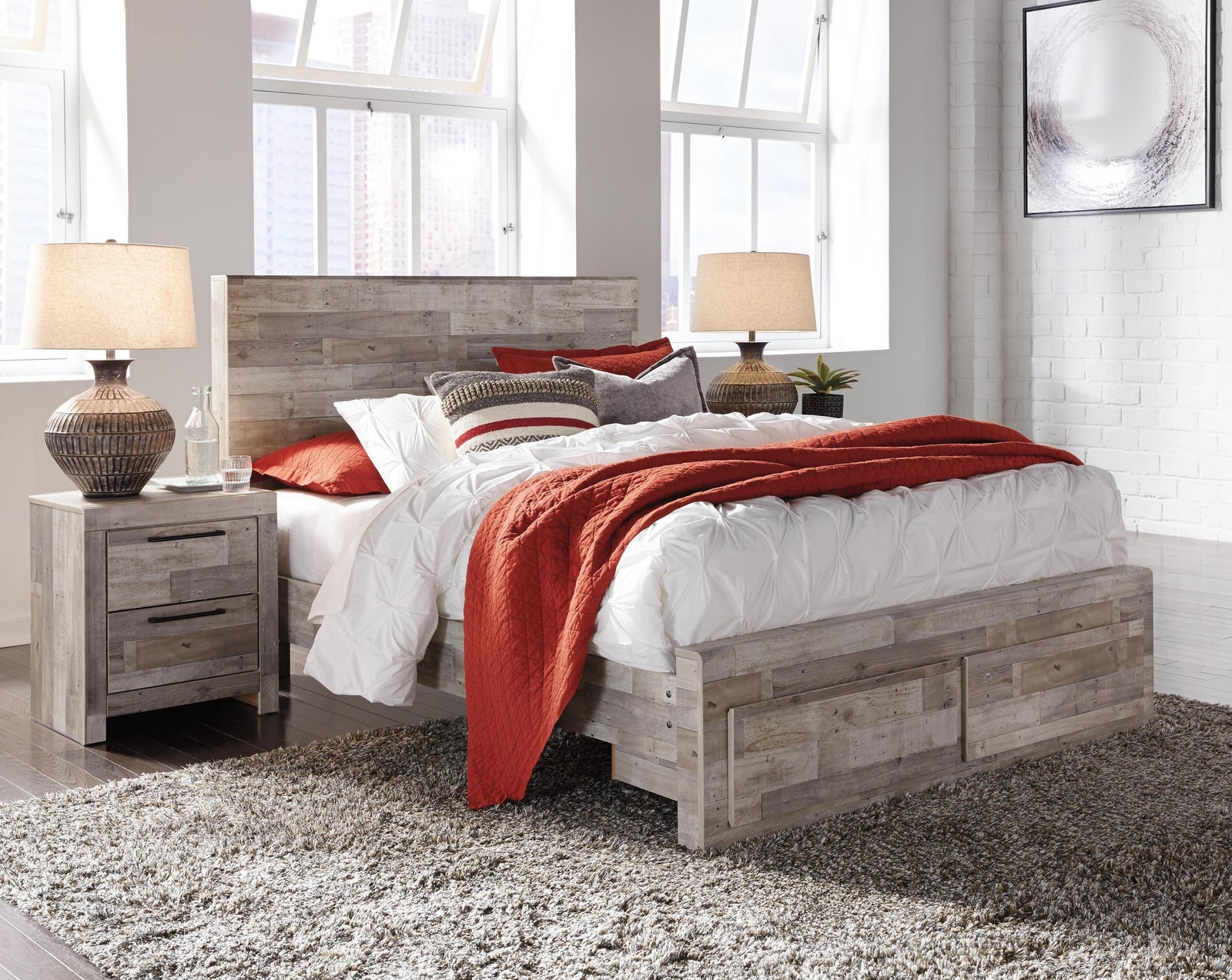 Effie Panel Bed with 2 Storage Drawers - Whitewash  (B255-SI) - Image 2