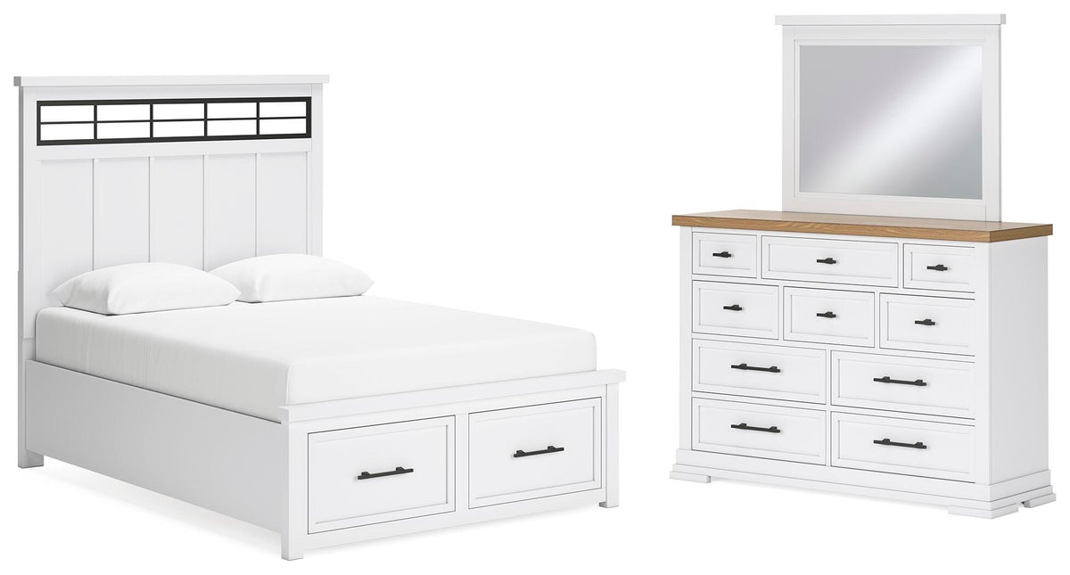 Ashbryn Panel Storage Bed, Dresser and Mirror - White/Natural  (B844-SI)