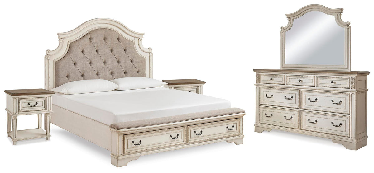 Realyn Panel Bed, Dresser, Mirror and 2 Nightstands - Two-tone  (B743-SI)