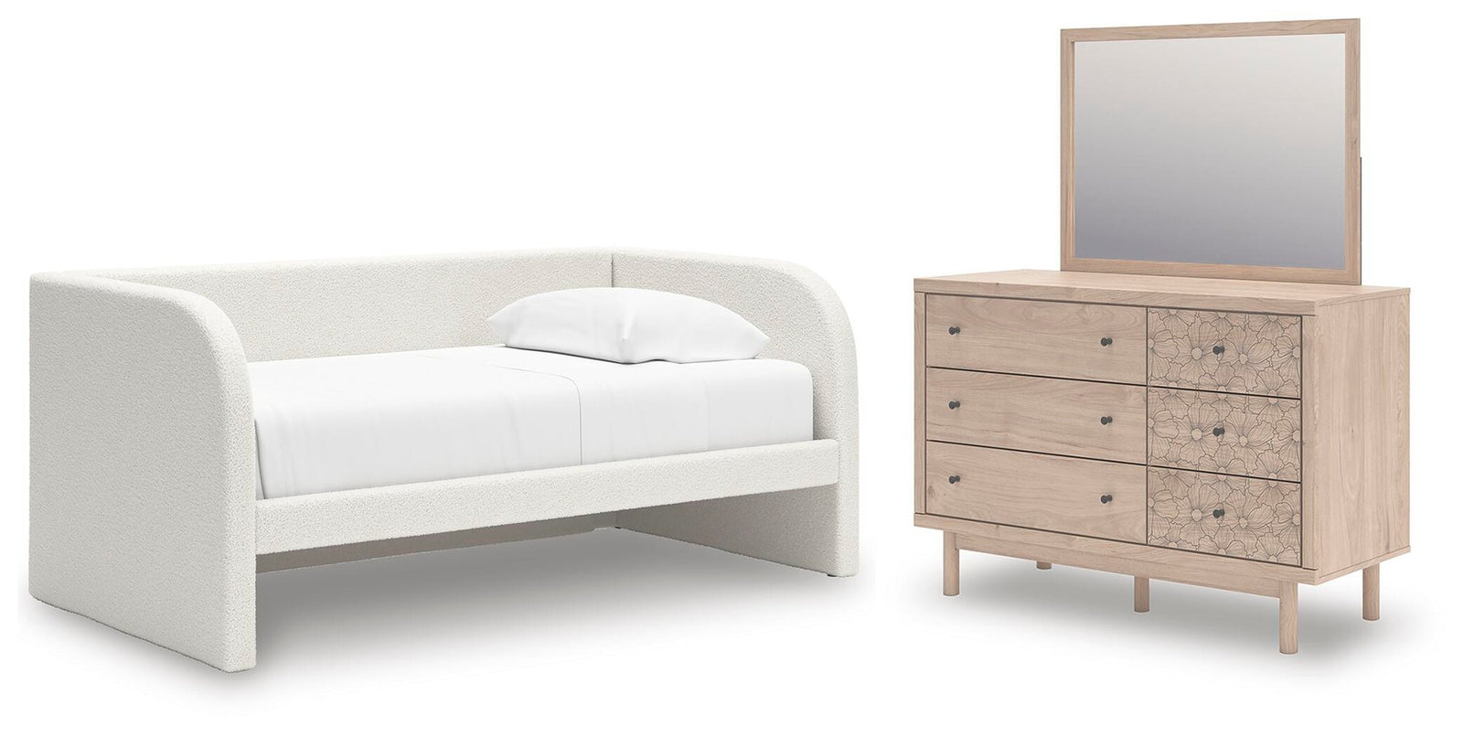 Arloster Twin Upholstered Day Bed, Dresser and Mirror (PCB1566-SI)