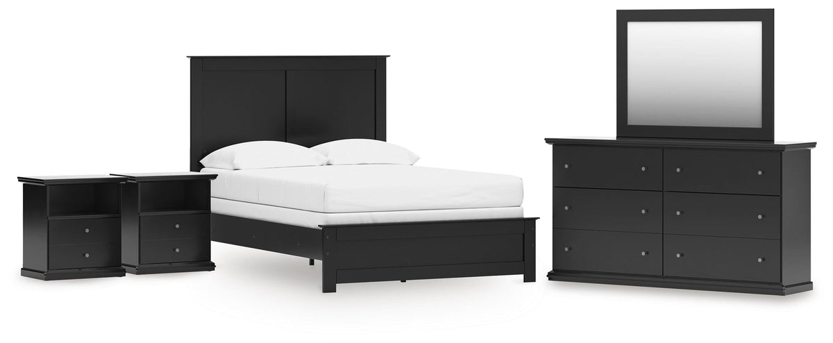 Maribel Panel Bed with Dresser, Mirror and 2 Nightstands - Black  (B138-SI)