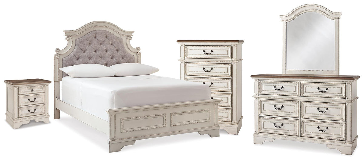 Realyn Panel Bed, Dresser, Mirror, Chest and Nightstand - Two-tone  (B743-SI)