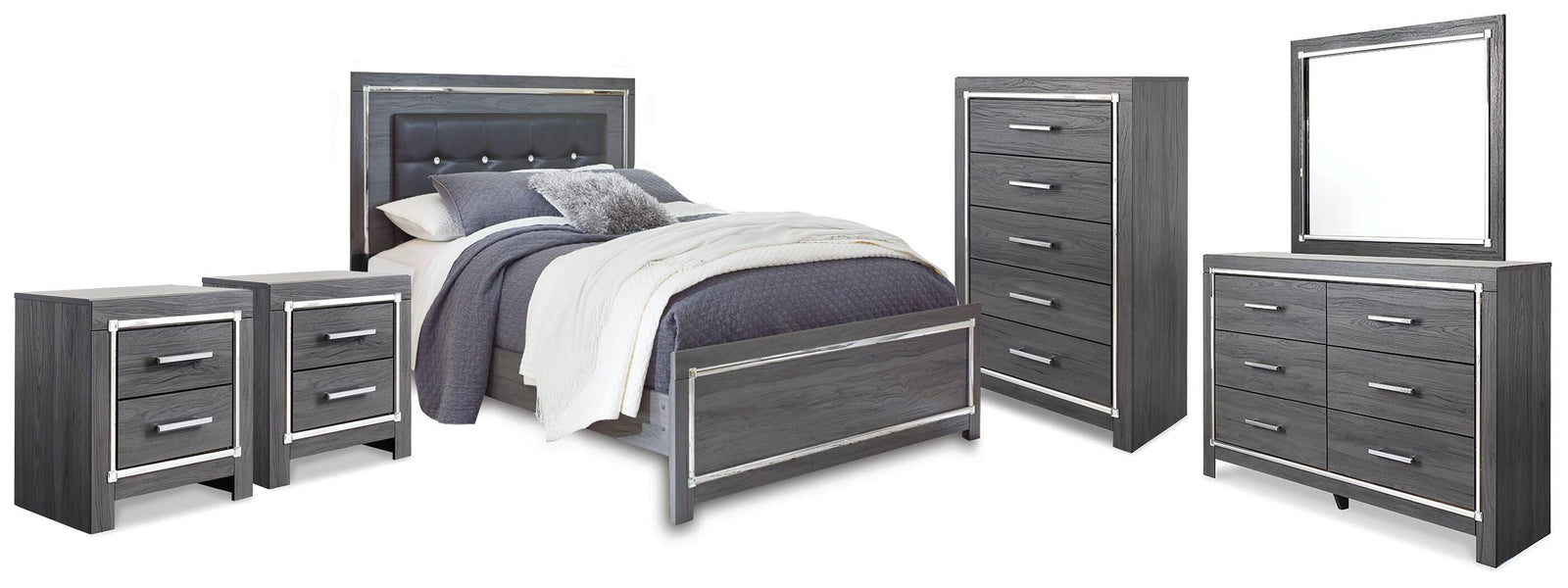 Lodanna Panel Bed, Dresser, Mirror, Chest and 2 Nightstands - Gray  (B214-SI)