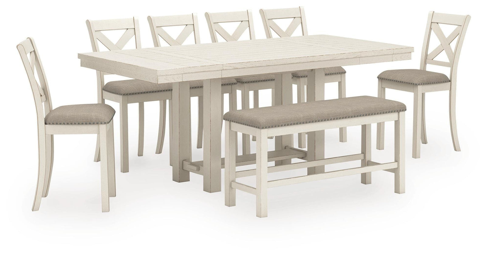 Robbinsdale Counter Height Extension Dining Table, 6 Barstools and Bench (D642-SI)