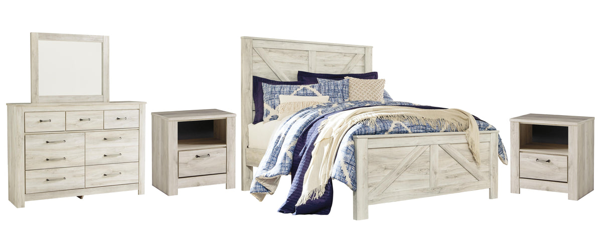 Bellaby Crossbuck Panel Bed, Dresser, Mirror and 2 Nightstands - Whitewash  (B331-SI)