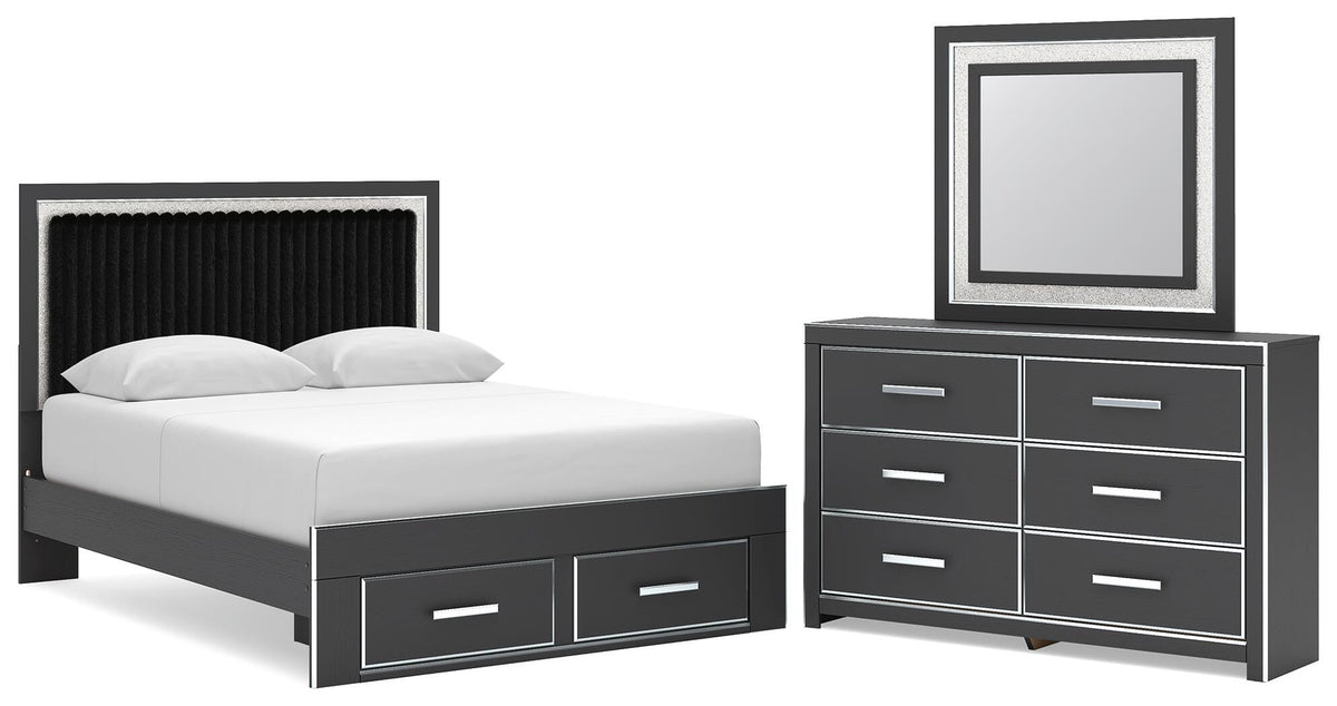 Zuraleus Queen Upholstered Panel Platform Storage Bed, Dresser and Mirror (PCB3380-SI)