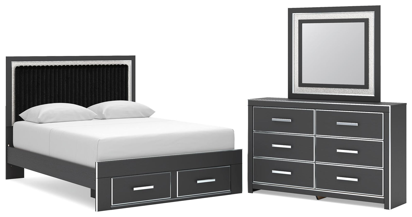 Zuraleus Queen Upholstered Panel Platform Storage Bed, Dresser and Mirror (PCB3380-SI)