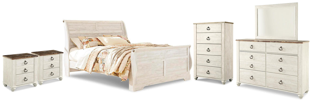 Willowton Sleigh Bed, Dresser, Mirror, Chest and 2 Nightstands (B267-SI)