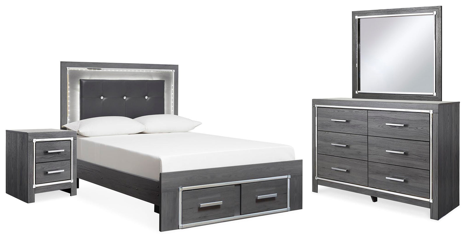 Lodanna Storage Bed, Dresser, Mirror and 2 Nightstands - Gray  (B214-SI)