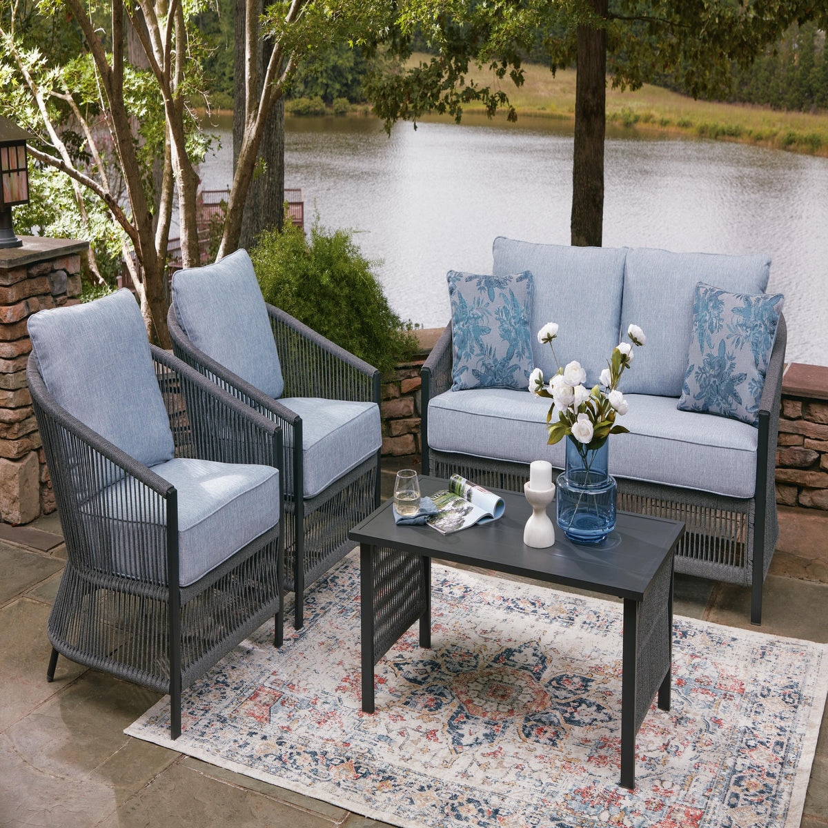 Bridges Beach Outdoor Love/Chairs/Table Set (Set of 4) (PCP391-SI) - Image 5
