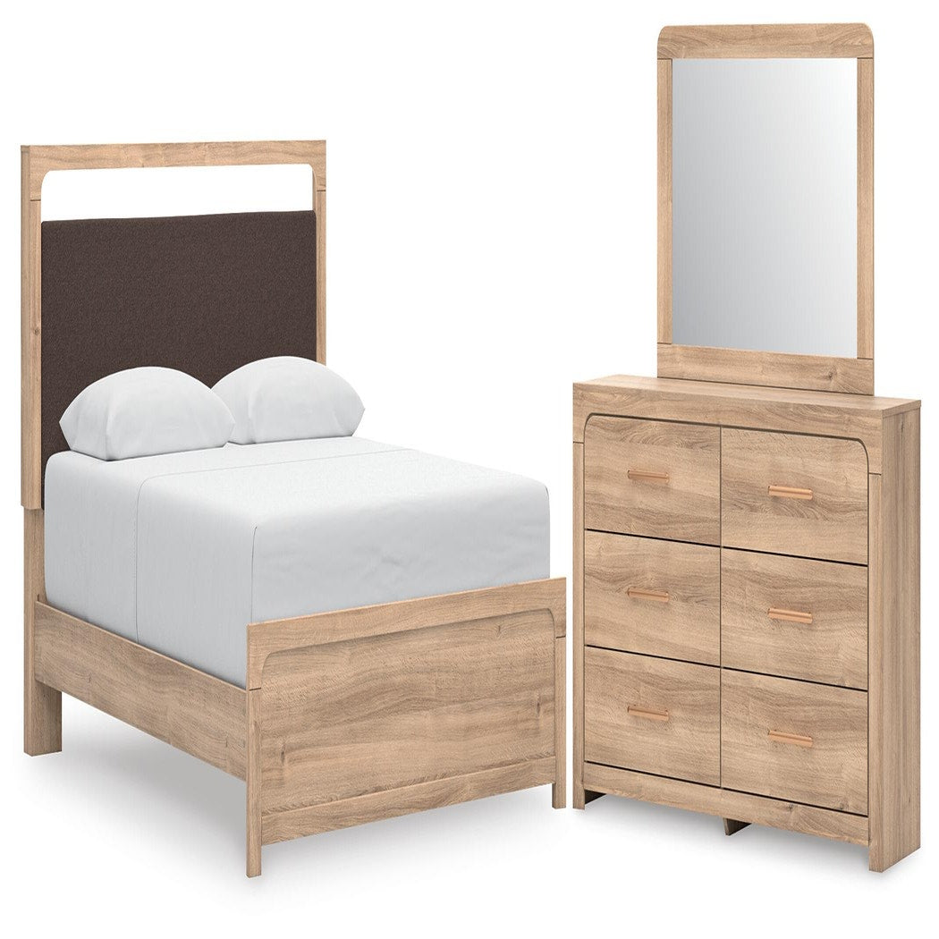 Kinlanni Queen Upholstered Panel Bed, Dresser and Mirror (PCB1360-SI)