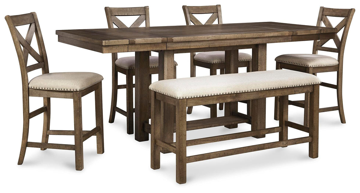 Moriville Counter Height Dining Table with 4 Barstools and Bench (D631-SI)